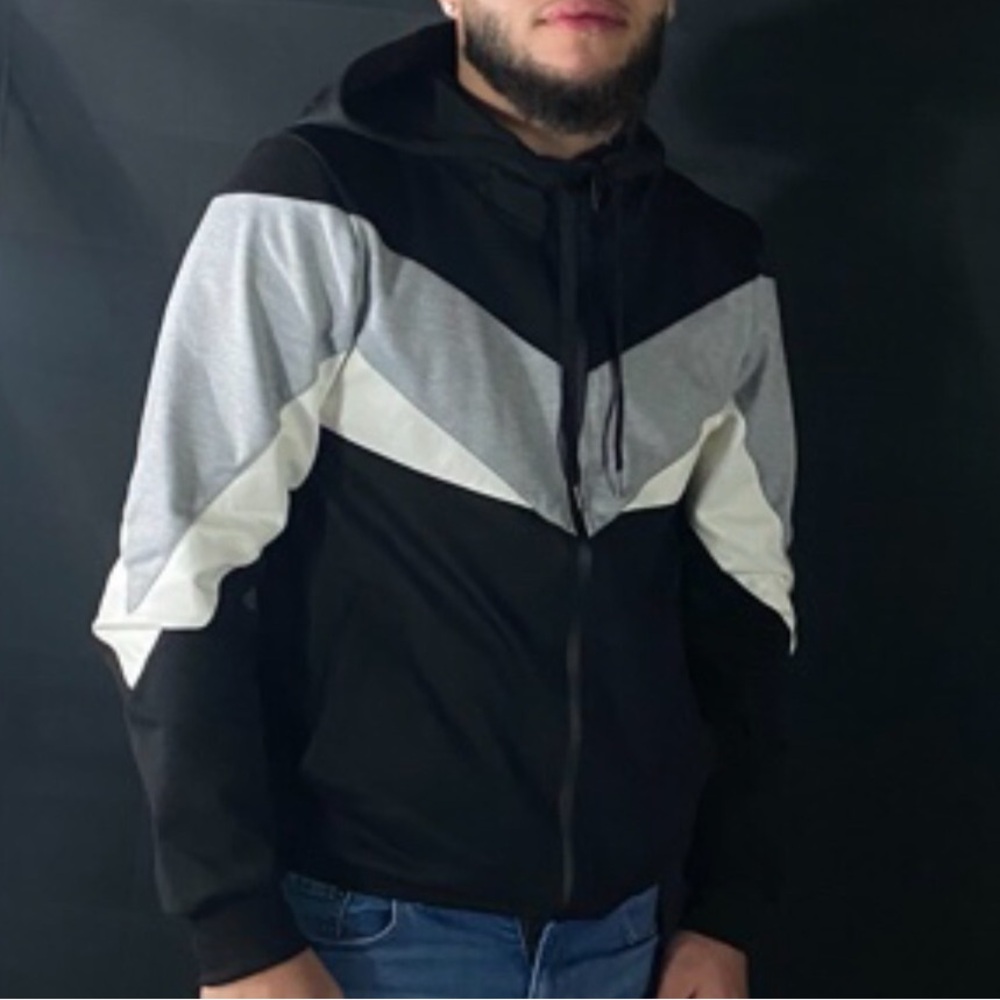Riflessi Chevron Colorblock Zip Hoodie Black,Gray & White Faux Leather Mens XL